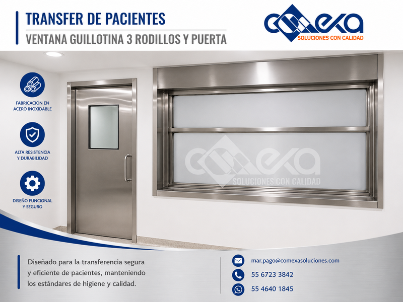 Transfer de pacientes_ventana guillotina 3 rodillos con puerta_COMEXA