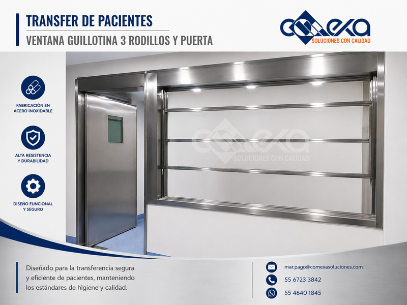Transfer de pacientes_ventana guillotina 3 rodillos y puerta_COMEXA